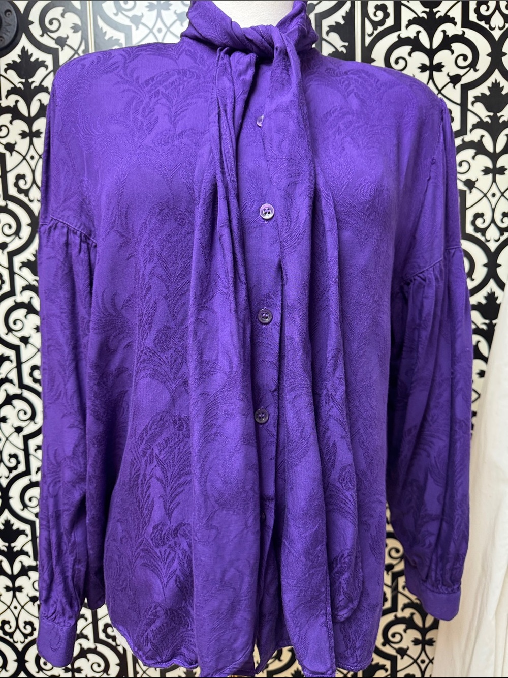Vintage White Stag Purple Tie-Neck Button-Front Blouse - Picture 8 of 11